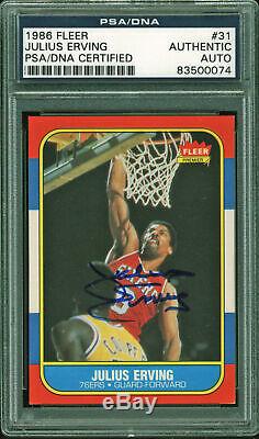 76ers Julius Dr. J Erving Authentic Signed 1986 Fleer #31 Card PSA/DNA Slabbed