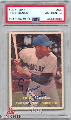 Ernie Banks signed 1957 Topps Trading Card PSA DNA Slabbed Auto Cubs HOF C445