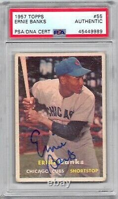 Ernie Banks signed 1957 Topps Trading Card PSA DNA Slabbed Auto Cubs HOF C445