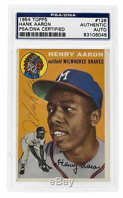 Hank Aaron Signed 1954 #128 Topps Braves Rookie Baseball Card Slabbed PSA/DNA