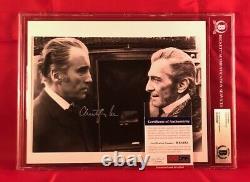 PSA/DNA & BAS slabbed CHRISTOPHER LEE signed DRACULA on set with PETER CUSHING