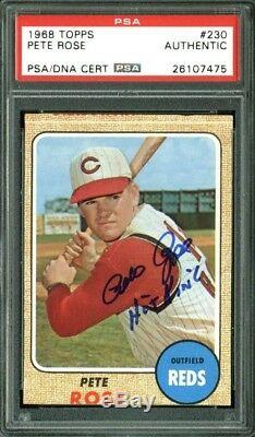 Reds Pete Rose Hit King Authentic Signed Card 1968 Topps #230 PSA/DNA Slabbed