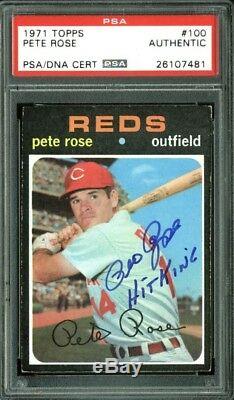 Reds Pete Rose Hit King Authentic Signed Card 1971 Topps #100 PSA/DNA Slabbed