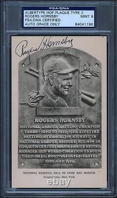 Rogers Hornsby Signed 3.5x5.5 HOF Plaque Type 2 Postcard Auto 9! PSA/DNA Slabbed