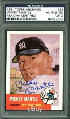Yankees Mickey Mantle Signed Card 1991 Topps Archives #82 PSA/DNA Slabbed